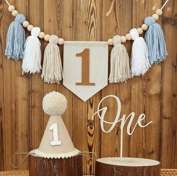 Blue Boy's 1st Birthday Set - Bunting Banner, Crown and 'One' Sign Petite Lumiere