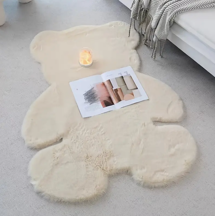 Children's Nursery Soft Beige Bear Shaped Faux Fur Rug Petite Lumiere