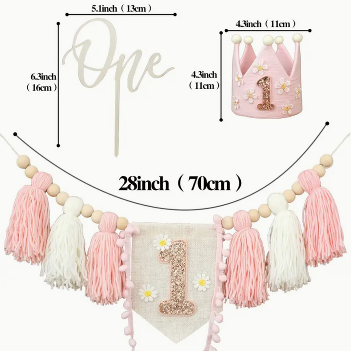 Pink Girl's 1st Birthday Set - Bunting Banner, Crown and 'One' Sign Petite Lumiere