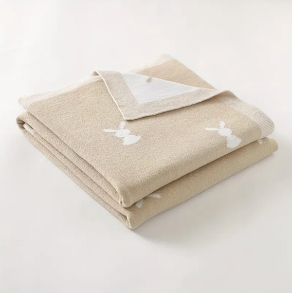 Luxury Fine Knit Rabbit Baby Blanket in Camel and White