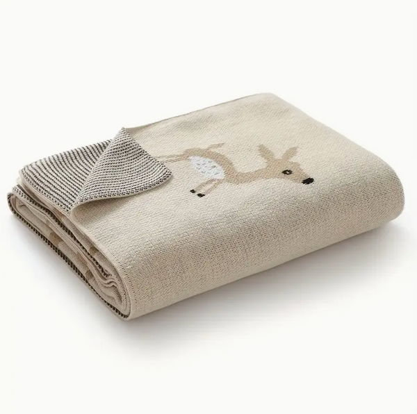 Luxury Fine Knit Deer Baby Blanket in Camel and White