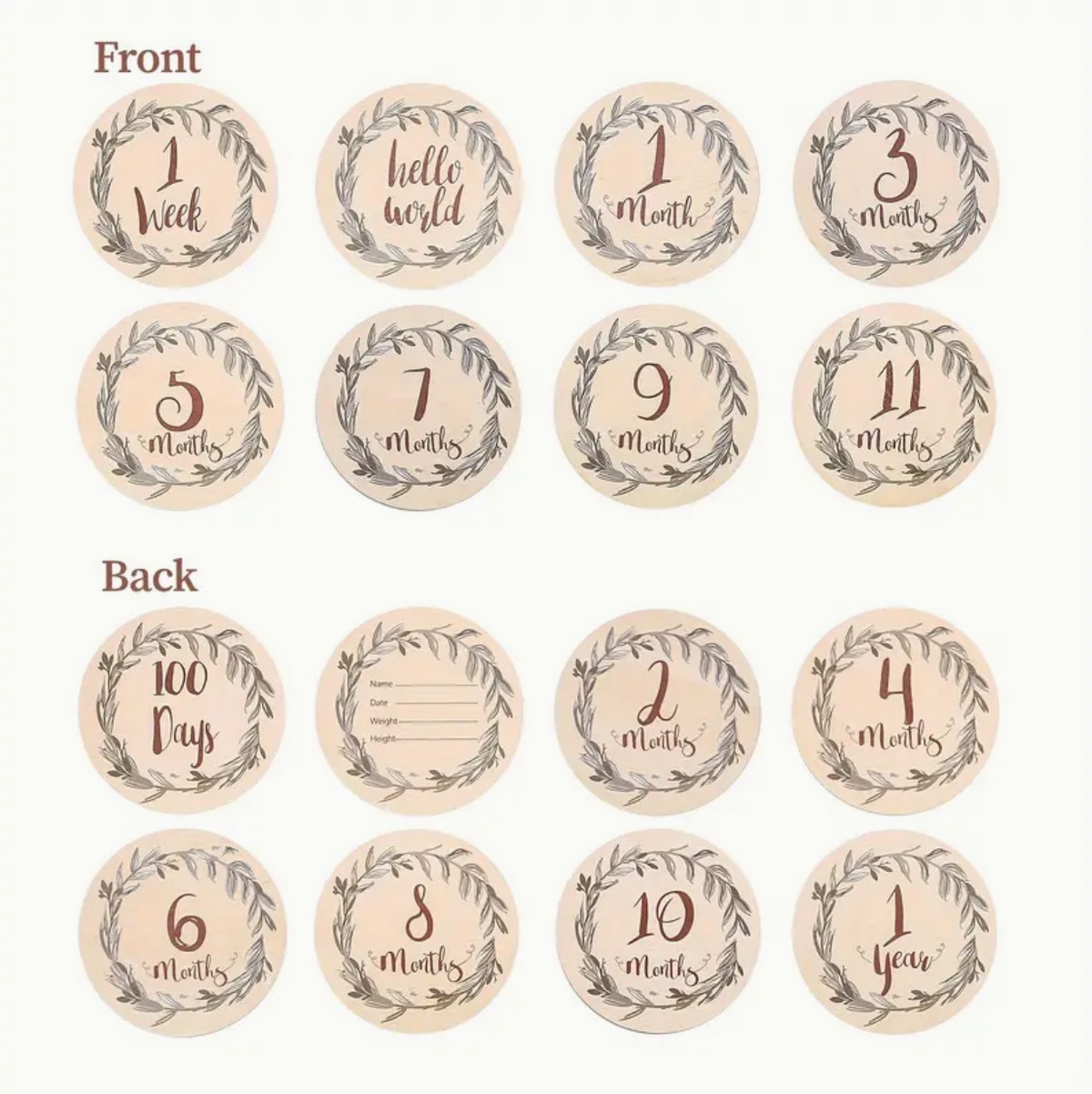 Front and back of wooden milestone cards