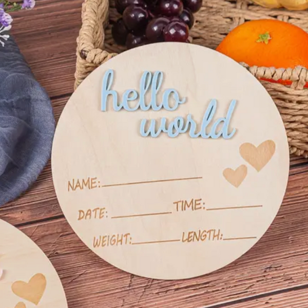 Blue Hello World Wooden New Baby Boy Announcement Plaque