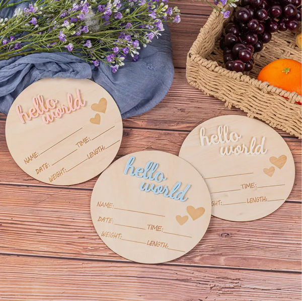 White Hello World Wooden New Baby Announcement Plaque