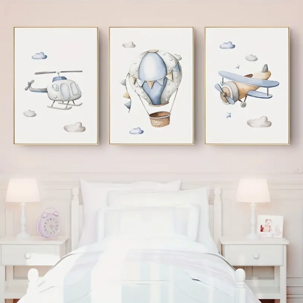 Set of 3 Pale Blue Vehicles Nursery Wall Art Prints