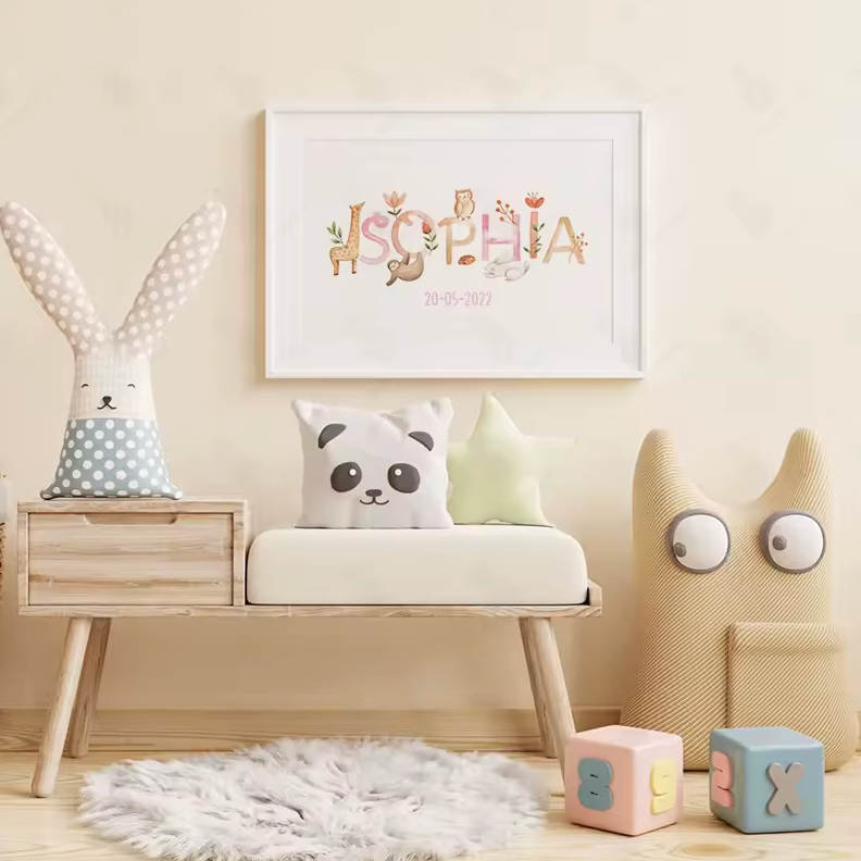 Named nursery print with animals and date of birth