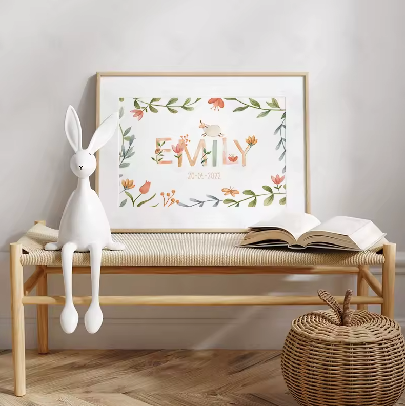Named nursery print with animals and flower border