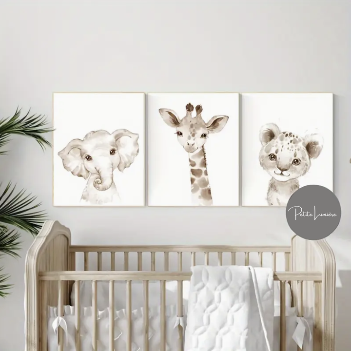 Set of 3 Watercolour Jungle Animals Nursery Wall Art Prints